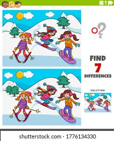 Cartoon Illustration of Finding Differences Between Pictures Educational Game for Kids with Three Girls on Skiing during Winter