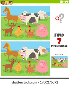 Cartoon Illustration of Finding Differences Between Pictures Educational Game for Kids with Farm Animal Characters Group