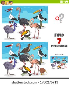 Cartoon Illustration of Finding Differences Between Pictures Educational Game for Kids with Birds Animal Characters