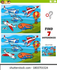 Cartoon Illustration of Finding Differences Between Pictures Educational Game for Children with Comic Planes and Flying Machines Characters