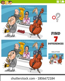 Cartoon Illustration of Finding Differences Between Pictures Educational Game for Children with Comic Jazz Band Musicians Characters