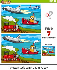 Cartoon Illustration of Finding Differences Between Pictures Educational Game for Children with Comic Transportation Vehicle Characters