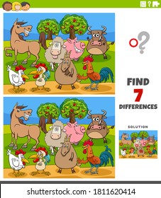 Cartoon Illustration of Finding Differences Between Pictures Educational Game for Children with Comic Farm Animals Characters