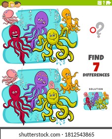 Cartoon Illustration of Finding Differences Between Pictures Educational Game for Children with Comic Octopus Characters