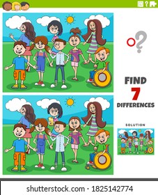 Cartoon Illustration of Finding Differences Between Pictures Educational Game for Children with Comic Kids nad Teens Group