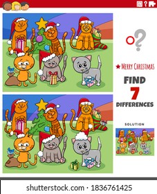 Cartoon Illustration of Finding Differences Between Pictures Educational Game for Children with Comic Cats Group on Christmas Time