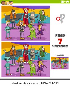 Cartoon Illustration of Finding Differences Between Pictures Educational Game for Children with Halloween Characters Group