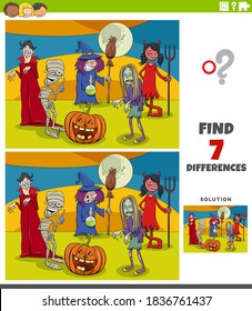 Cartoon Illustration of Finding Differences Between Pictures Educational Game for Kids with Halloween Characters Group