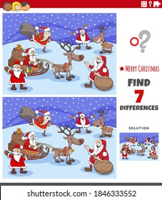 Cartoon illustration of finding differences between pictures educational game for children with Christmas characrters