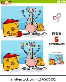 Cartoon illustration of finding the differences between pictures educational game for children with happy mouse and pieces of cheese