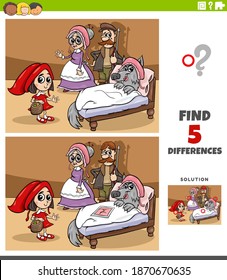 Cartoon illustration of finding the differences between pictures educational game for children with Little Red Riding Hood and wolf and grandma and huntsman