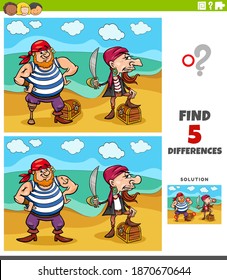 Cartoon illustration of finding the differences between pictures educational game for children with pirates and their treasure
