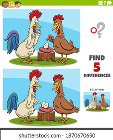 Cartoon illustration of finding the differences between pictures educational game for children with rooster and hen with their egg