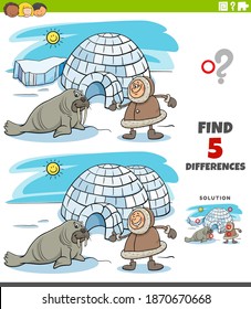 Cartoon illustration of finding the differences between pictures educational game for children with Eskimo with walrus and igloo