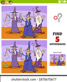 Cartoon illustration of finding the differences between pictures educational game for children with three wizards fantasy characters