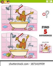 Cartoon illustration of finding the differences between pictures educational game for children with ape taking a bath