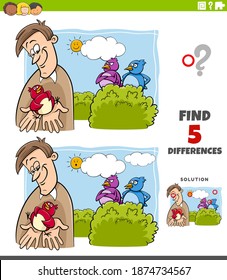 Cartoon illustration of finding the differences between pictures educational game for children with a bird in the hand is worth two in the bush saying