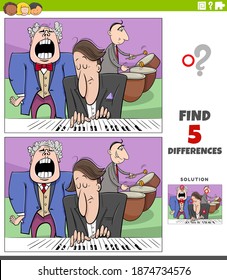 Cartoon illustration of finding the differences between pictures educational game for children with music band