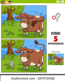 Cartoon illustration of finding the differences between pictures educational game for children with cow farm animal character on the pasture