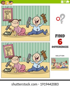 Cartoon illustration of finding the differences between pictures educational game with little girl and boy babies characters