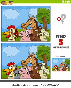 Cartoon illustration of finding the differences between pictures educational game for kids with farm animal characters