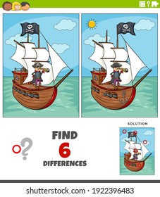 Cartoon illustration of finding the differences between pictures educational game for kids with pirate and his ship