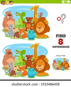 Cartoon illustration of finding the differences between pictures educational game for children with wild animal characters