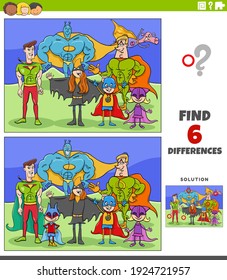 Cartoon illustration of finding the differences between pictures educational game for kids with funny super hero characters