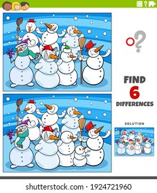 Cartoon illustration of finding the differences between pictures educational game for kids with funny snowmen characters