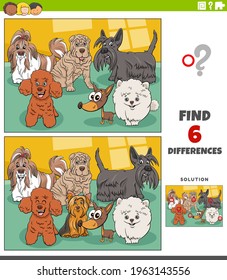 Ilustración de dibujos animados encontrando diferencias entre imágenes juego educativo para niños con perros graciosos de raza pura grupo de personajes animales