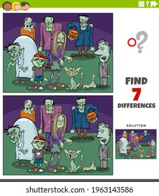 Cartoon illustration of finding the differences between pictures educational game for children with comic zombie characters