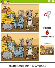 Cartoon illustration of finding the differences between pictures educational game for children with funny cats animal characters group