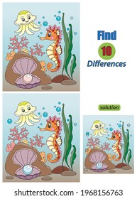 Cartoon illustration of finding differences between pictures educational game for children with seahorse and jellyfish.