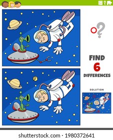 Cartoon illustration of finding the differences between pictures educational game for children with astronaut in space with alien character