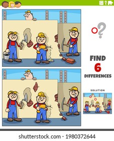 Cartoon illustration of finding the differences between pictures educational game for children with workers or builders characters on construction site