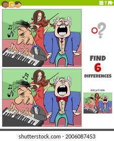 Cartoon illustration of finding the differences between pictures educational game with musicians group