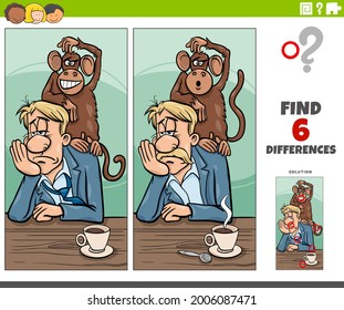 Cartoon illustration of finding the differences between pictures educational game with monkey on your back saying or proverb