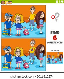 Cartoon illustration of finding the differences between pictures educational game with elementary age kids