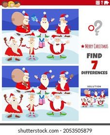 Cartoon illustration of finding differences between pictures educational task for children with Santa Claus characters on Christmas time