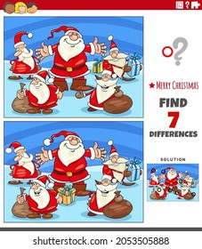 Cartoon illustration of finding differences between pictures educational game for children with Santa Claus characters on Christmas time