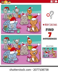 Cartoon illustration of finding differences between pictures educational game for children with funny cats characters on Christmas time