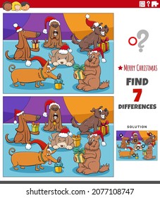 Cartoon illustration of finding differences between pictures educational game for children with funny dogs characters on Christmas time