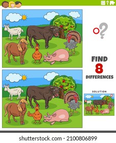 Cartoon illustration of finding the differences between pictures educational task for children with farm animal characters group