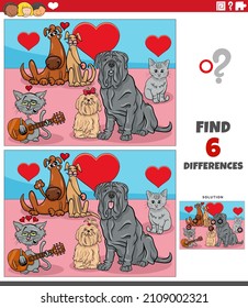 Cartoon illustration of finding differences between pictures educational game with pets in love on Valentines Day