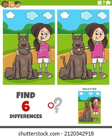 Cartoon illustration of finding the differences between pictures educational game with girl and her dog