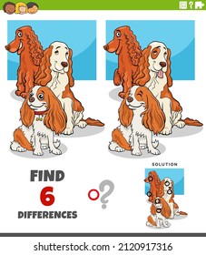 Cartoon illustration of finding the differences between pictures educational game with spaniel dogs characters