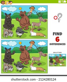 Cartoon illustration of finding the differences between pictures educational game for children with happy animal characters group