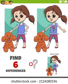Cartoon illustration of finding the differences between pictures educational game with girl and her poodle dog