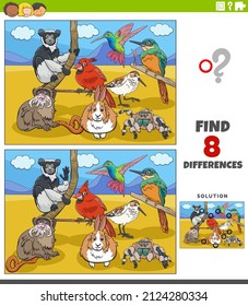 Cartoon illustration of finding the differences between pictures educational task for children with animal characters group