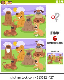 Cartoon illustration of finding the differences between pictures educational game for children with funny dogs comic animal characters group